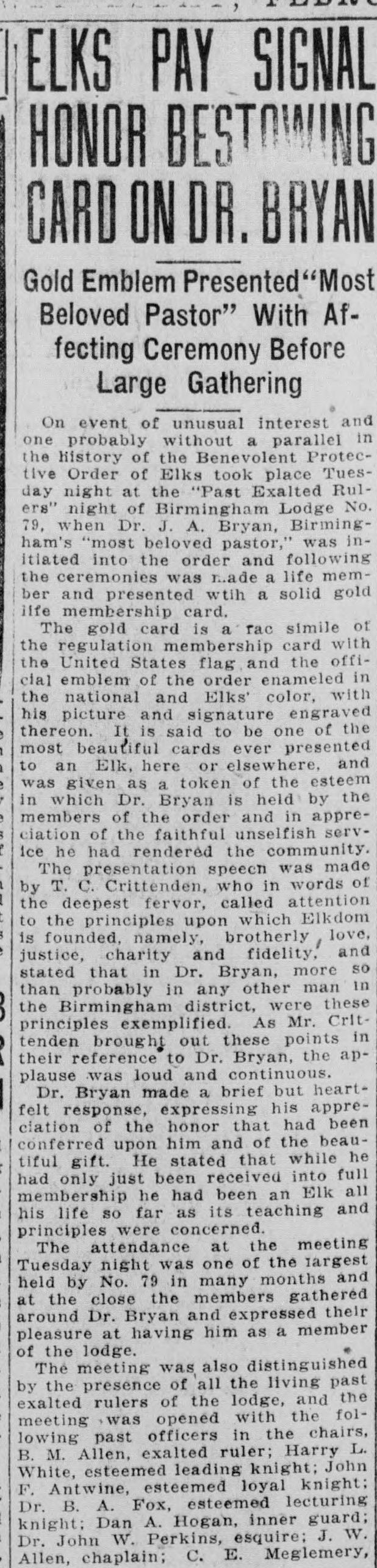 Elks Pay Signal Honor Bestowing Bard on Dr. Bryan